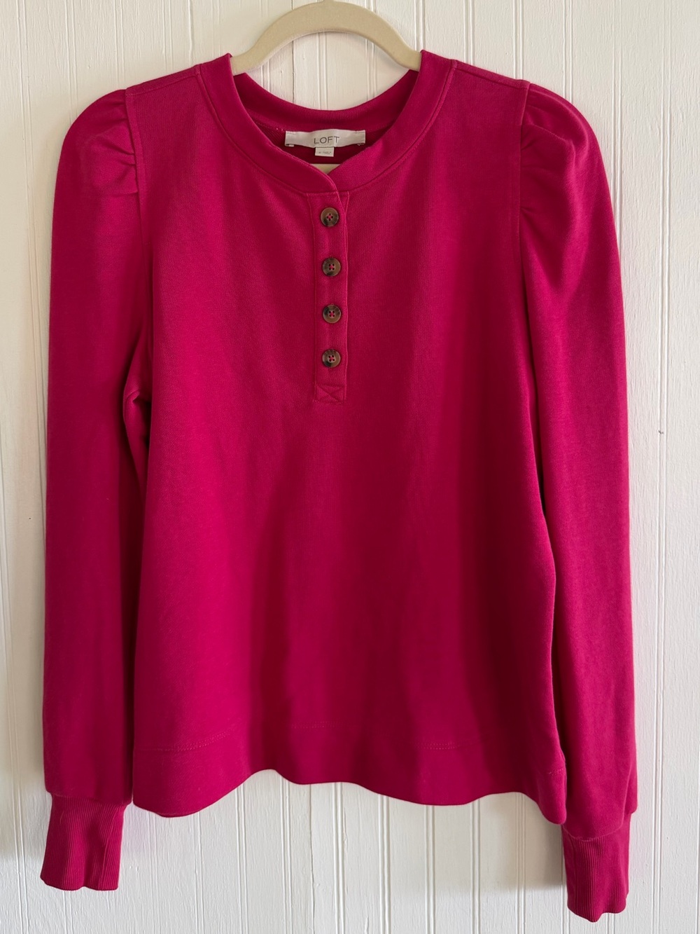 LOFT Fuchsia Long-Sleeve Henley with Puff Shoulders